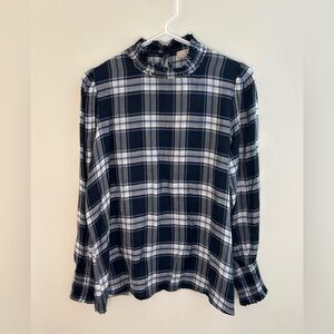 LOFT Navy and White Plaid Ruffle Blouse